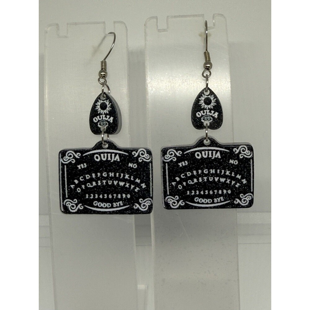 Ouiji Board Planchette Earrings Black Glitter Acrylic Halloween Spirit Board